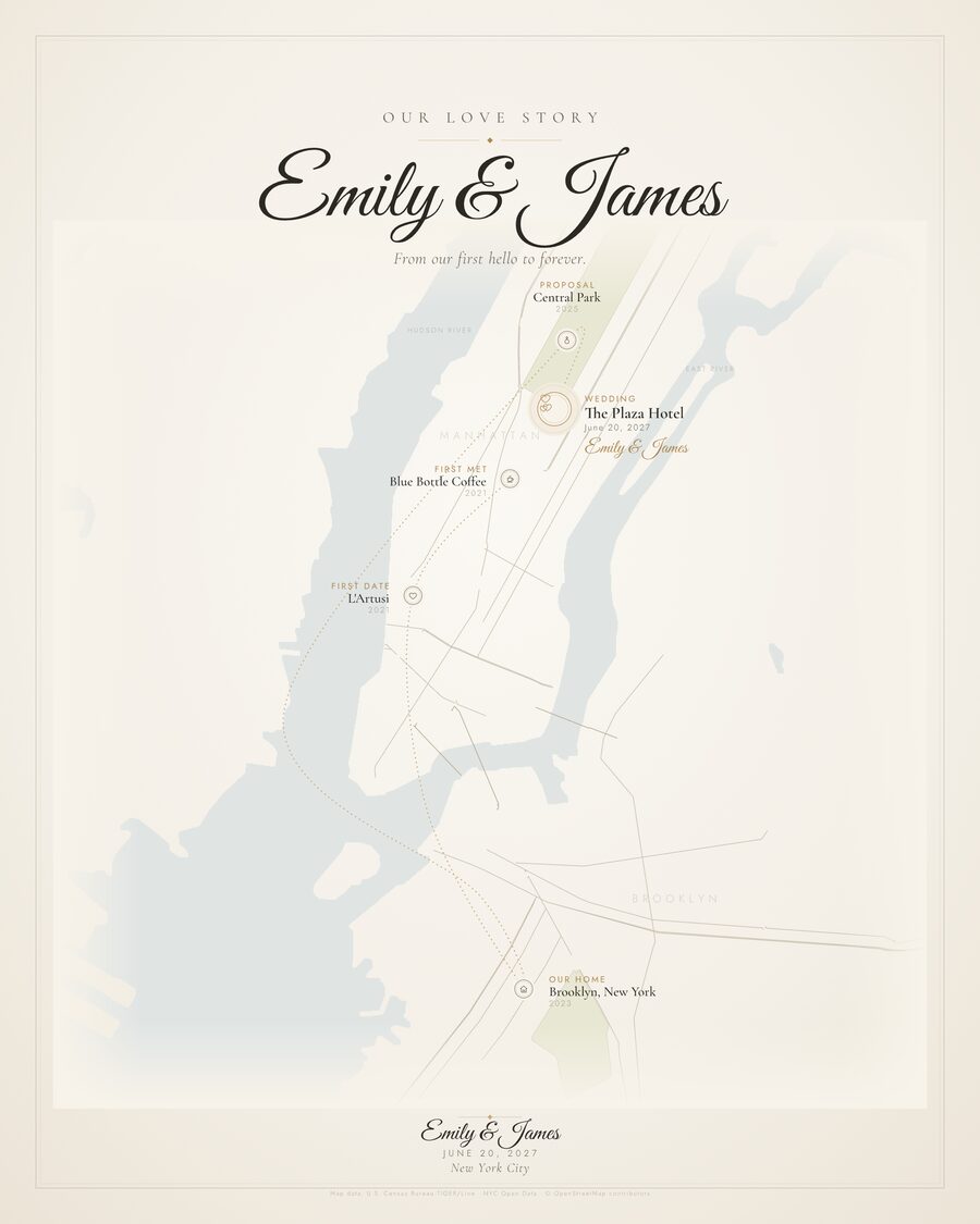 Wedding love story map of New York City for Emily and James