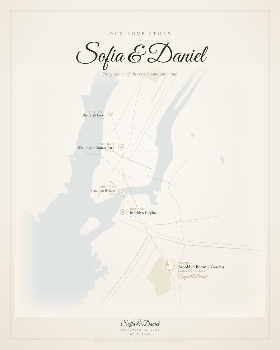 Wedding love story map for a second couple in a different city